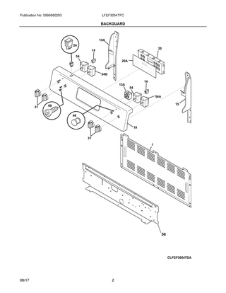 Backguard Diagram and Parts List for LFEF3054TFC  Frigidaire Range