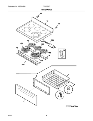 Top/drawer Diagram and Parts List for FFEF3054TBD  Frigidaire Range