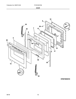 Door Diagram and Parts List for FFGF3054TSB  Frigidaire Range
