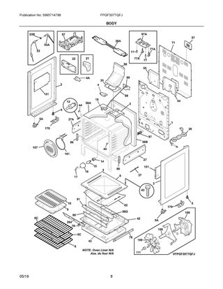 Body Diagram and Parts List for FPGF3077QFJ  Frigidaire Range