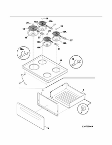Top/drawer Diagram and Parts List for 7909082140A  Kenmore Range