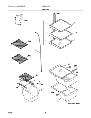 Shelves Diagram and Parts List for FFHS2622MSQ  Frigidaire Refrigerator