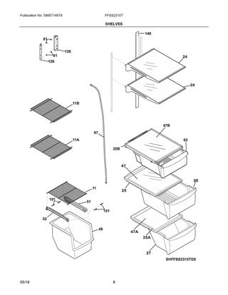 Shelves Diagram and Parts List for FFSS2315TE1  Frigidaire Refrigerator