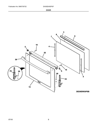 Door Diagram and Parts List for EW30EW55PSF  Frigidaire Wall Oven