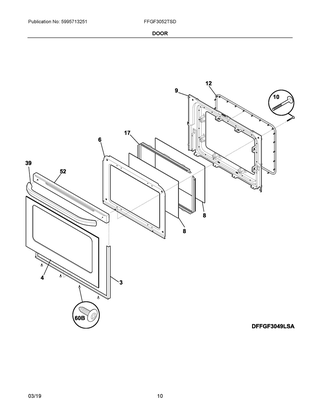 Door Diagram and Parts List for FFGF3052TSD  Frigidaire Range