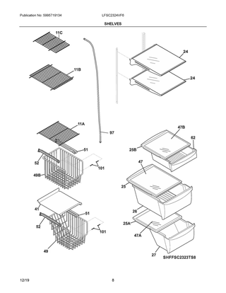 Shelves Diagram and Parts List for LFSC2324VF6  Frigidaire Refrigerator