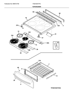 Top/Drawer Diagram and Parts List for FGEH3047VFC  Frigidaire Range
