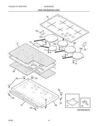 Main Top/surface Units Diagram and Parts List for EW36IC60LS2  Frigidaire Cooktop