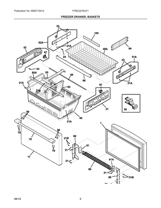Freezer Drawer, Baskets Diagram and Parts List for FPBC2278UF1  Frigidaire Refrigerator