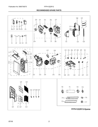 Recommended Spare Parts Diagram and Parts List for FFPH1222R12  Frigidaire Air Conditioner