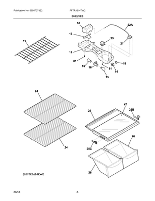Shelves Diagram and Parts List for FFTR1614TW2  Frigidaire Refrigerator