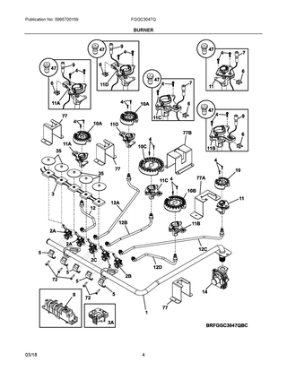 Burner Diagram and Parts List for FGGC3047QSC  Frigidaire Cooktop