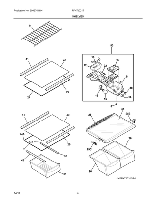 Shelves Diagram and Parts List for FFHT2021TB1  Frigidaire Refrigerator