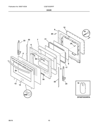 Door Diagram and Parts List for CGEF3035RFF  Frigidaire Range