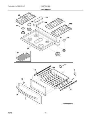 Top/drawer Diagram and Parts List for FGGF3059TDD  Frigidaire Range