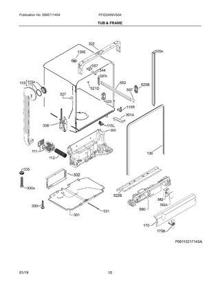 Tub & Frame Diagram and Parts List for FFID2459VS0A  Frigidaire Dishwasher