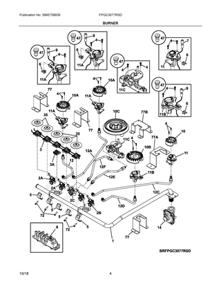 Burner Diagram and Parts List for FPGC3077RSD  Frigidaire Cooktop