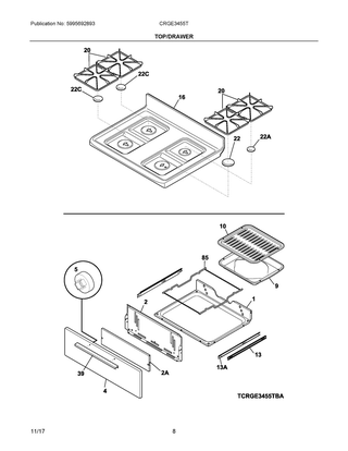 Top/drawer Diagram and Parts List for CRGE3455TBA  Frigidaire Range