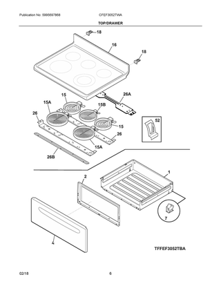 Top/drawer Diagram and Parts List for CFEF3052TWA  Frigidaire Range