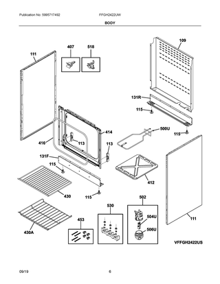 Body Diagram and Parts List for FFGH2422UW  Frigidaire Range