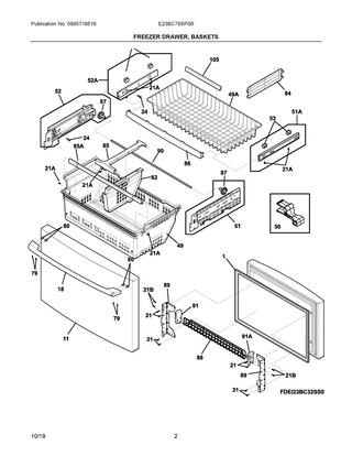 Freezer Drawer, Baskets Diagram and Parts List for E23BC79SPS6  Frigidaire Refrigerator