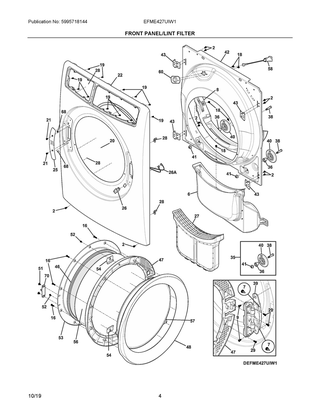 Front Panel/lint Filter Diagram and Parts List for EFME427UIW1  Frigidaire Dryer