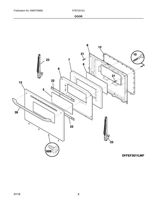 Door Diagram and Parts List for FFEF3012UBA  Frigidaire Range