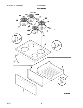 04 - TOP/DRAWER Diagram and Parts List for FFEF3005MWG  Frigidaire Range