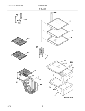 09 - SHELVES Diagram and Parts List for FFHS2322MWD  Frigidaire Refrigerator