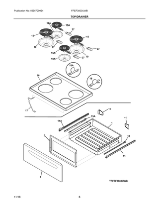 Top/drawer Diagram and Parts List for FFEF3003UWB  Frigidaire Range