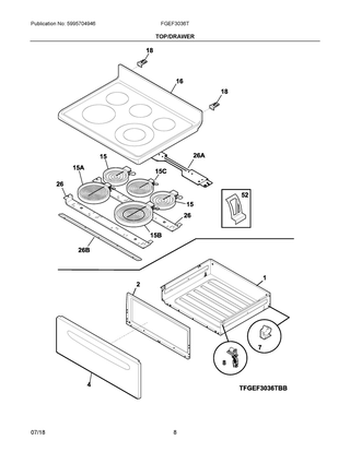 Top/drawer Diagram and Parts List for FGEF3036TBE  Frigidaire Range