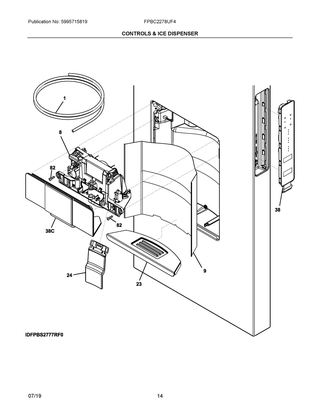 Controls & Ice Dispenser Diagram and Parts List for FPBC2278UF4  Frigidaire Refrigerator