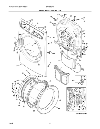 Front Panel/lint Filter Diagram and Parts List for EFME627UIW1  Frigidaire Dryer