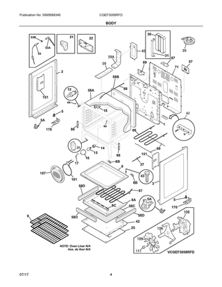 Body Diagram and Parts List for CGEF3058RFD  Frigidaire Range