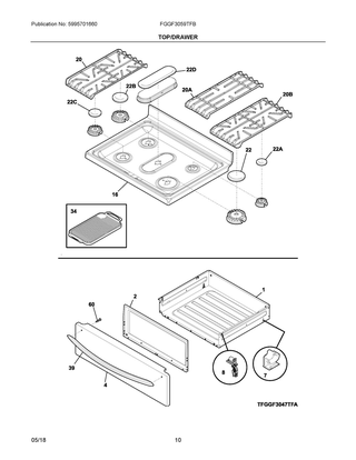 Top/drawer Diagram and Parts List for FGGF3059TFB  Frigidaire Range
