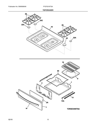 Top/drawer Diagram and Parts List for FFGF3016TSA  Frigidaire Range