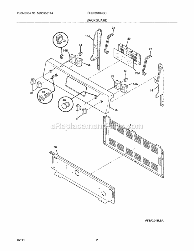 Backguard Diagram and Parts List for FFEF3048LSG  Frigidaire Range