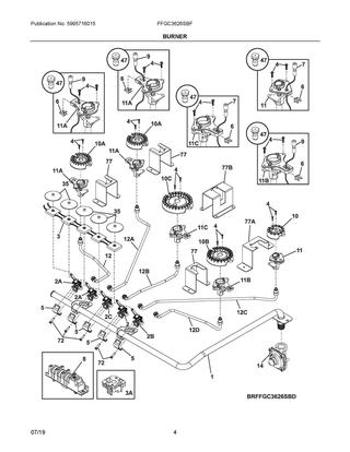 Burner Diagram and Parts List for FFGC3626SBF  Frigidaire Cooktop