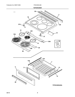 Top/drawer Diagram and Parts List for FFEH3054USB  Frigidaire Range