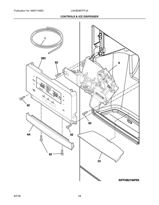 Controls & Ice Dispenser Diagram and Parts List for LGHB2867PFJA  Frigidaire Refrigerator