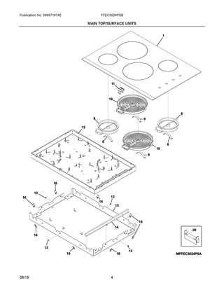Main Top/surface Units Diagram and Parts List for FFEC3024PSB  Frigidaire Cooktop