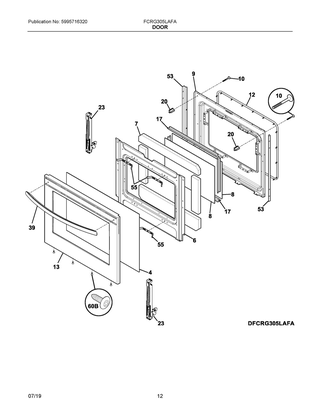 Door Diagram and Parts List for FCRG305LAFA  Frigidaire Range