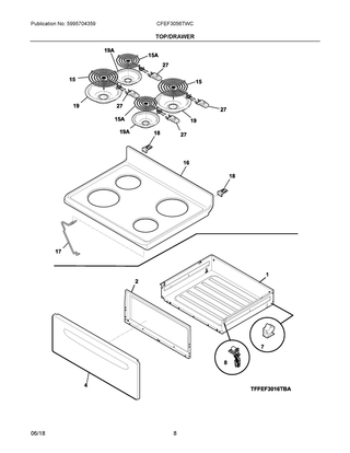 Top/drawer Diagram and Parts List for CFEF3056TWC  Frigidaire Range