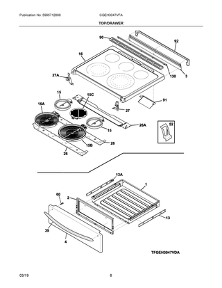 Top/drawer Diagram and Parts List for CGEH3047VFA  Frigidaire Range