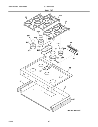 Main Top Diagram and Parts List for FGGF3685TSB  Frigidaire Range