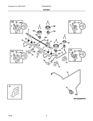 Burner Diagram and Parts List for CGDS3065PFP  Frigidaire Range