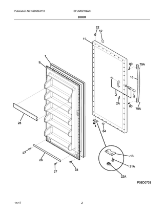 Door Diagram and Parts List for CFUMC21QW3  Frigidaire Freezer
