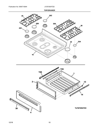 Top/drawer Diagram and Parts List for LFGF3054TDD  Frigidaire Range