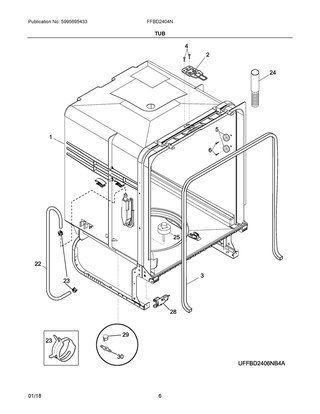 Tub Diagram and Parts List for FFBD2404NW10C  Frigidaire Dishwasher