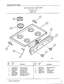 Main Top Diagram and Parts List for 2851A  Frigidaire Range